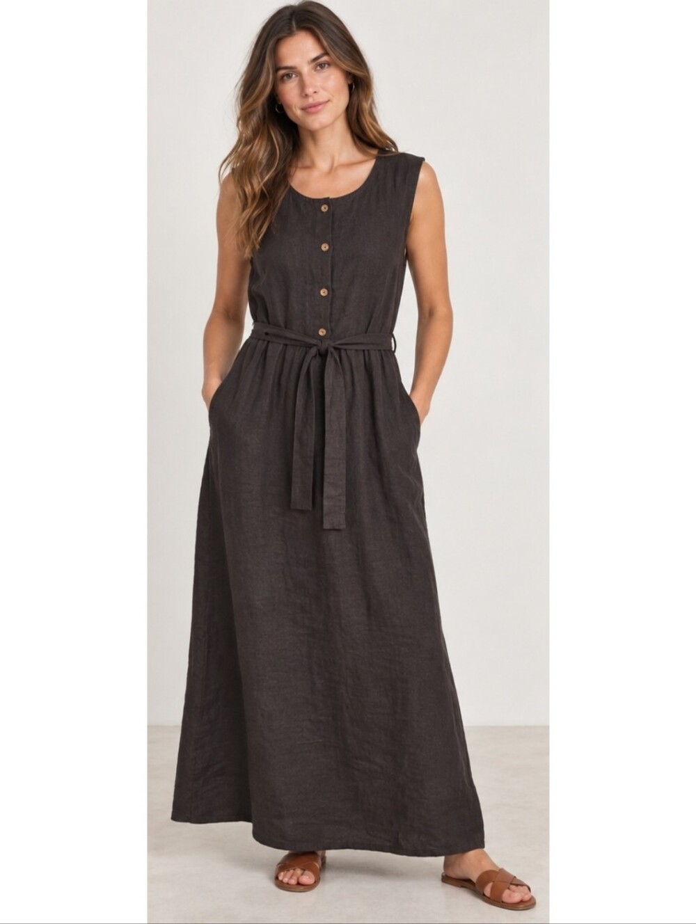 Linen Sea Charcoal Gray Midi Dress Button Belt Sleeveless Classic Long Maxi